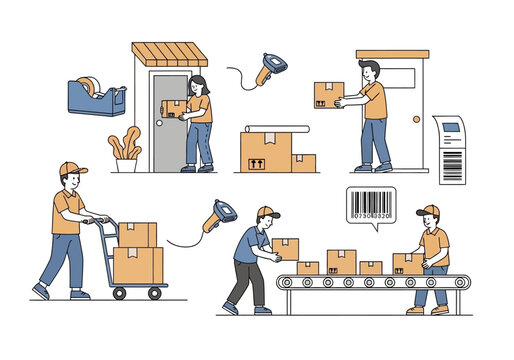 Workers handling boxes in warehouse.