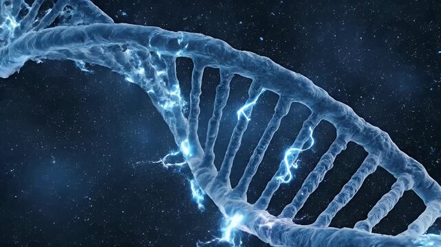 A vibrant, digitally rendered DNA double helix glows with electric energy against a backdrop of a starry night sky, symbolizing the power and complexity of genetics.
