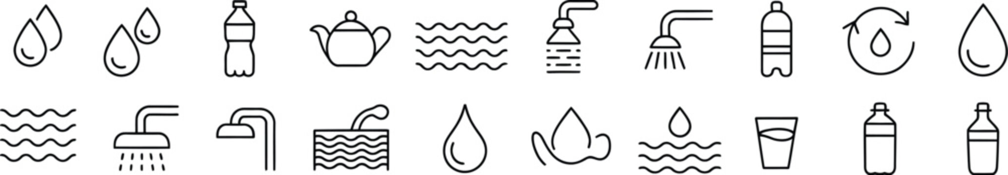 Editable vector pack of water line icons illustration set clean outline style symbols for water drop wave hydration and aquatic concepts