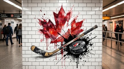 Naklejka premium Canadian Hockey Theme Graffiti Art on White Brick Wall