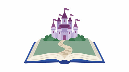 Fairy tale castle illustration with flags, rising from an open storybook © TRSTOCK