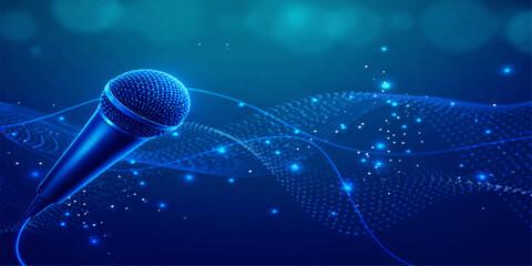 Glowing blue digital vector illustration of a microphone on stage featuring an explosion of light and motion against a magic technology backdrop © AbidurRahman