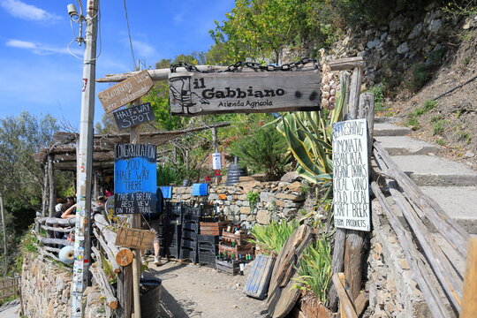 Corniglia, Cinque Terre, Italy - April 1st 2026 - Makeshift pub provides dinks and a scenic rest location for hikers and backpackers