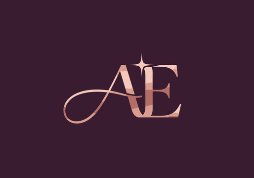 Elegant rose gold AE monogram logo on purple background