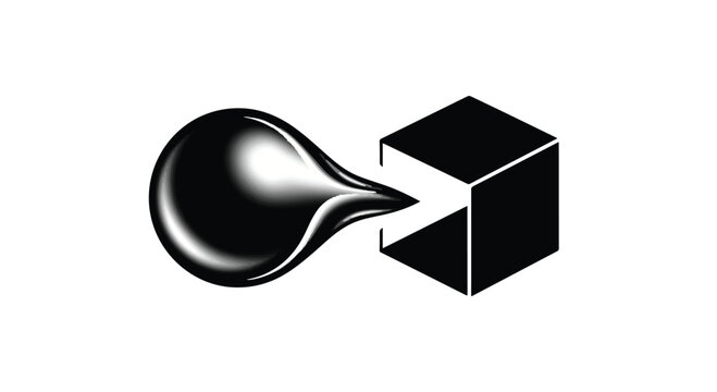 Sphere illustration depicts a liquid drop entering a rigid geometric cube shape.