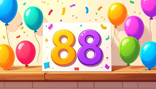 Birthday or anniversary card with number 88. Cartoon illustration with bright colors and balloons