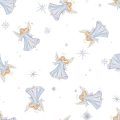 Obraz premium Seamless pattern with cute Christmas angel with light hair and blue dress in minimalist scandinavian style. Hand drawn illustration repeat ornament with snowflakes children's design.