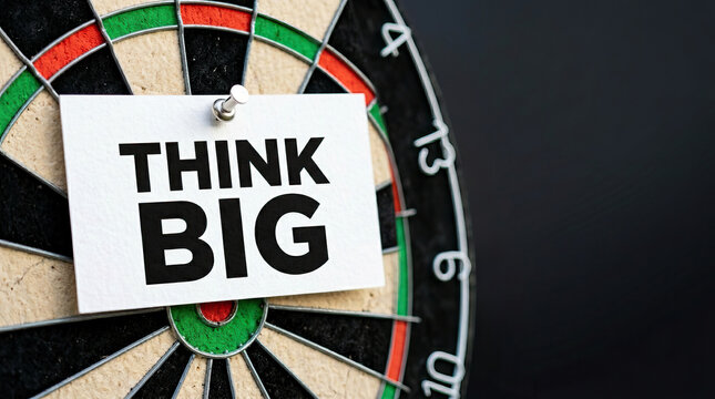 Think big motivational message on white card pinned to dartboard center, symbolizing focus and ambition in goal setting and success