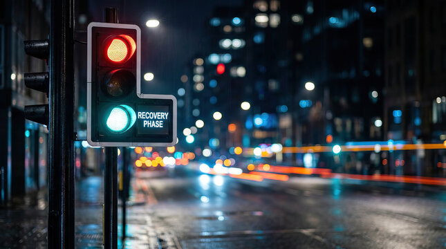 Traffic light with red and green signals glowing on wet city street at night, blurred car lights and buildings in background create vibrant urban atmosphere