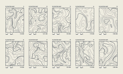 Obraz premium Multiple elevation map designs in grid layout, contour line topographic vector set.