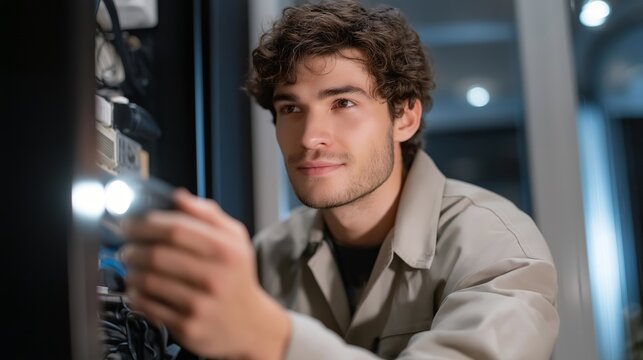 Engineer crouching beside open server rack in small home utility closet, phone flashlight in hand, tight candid framing, perfect for home office internet speed, and contemporary technology theme