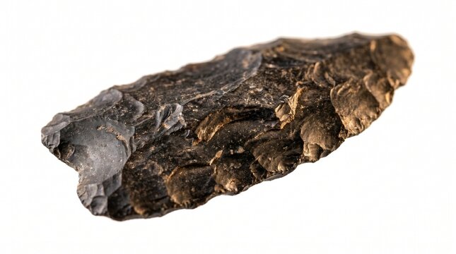 Ancient prehistoric black obsidian flint stone tool artifact isolated on white background for archeological concepts