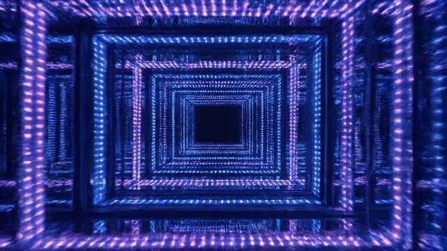 Vibrant purple and blue neon tunnel with multiple square layers