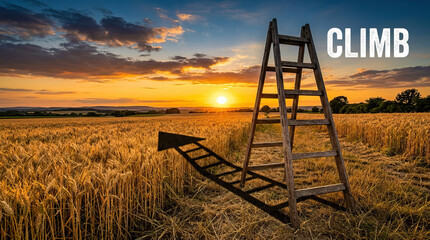 Fototapeta premium Wooden ladder in golden wheat field at sunset with dramatic sky and shadow forming arrow, symbolizing climb and progress in nature warm light