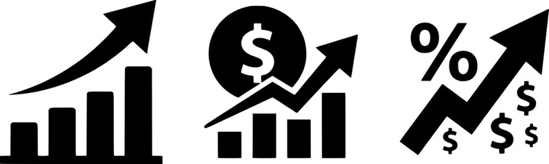 A set of three black and white icons depicting growing bar graphs with arrows, dollar sign, and percentage symbol, representing business growth, finance, and statistics. © SarfarazAhmed
