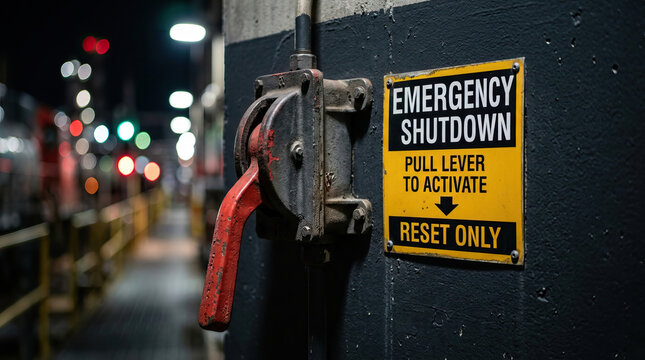 Emergency shutdown lever with red handle mounted on dark wall, industrial safety equipment in urban night setting with blurred lights creating dramatic atmosphere