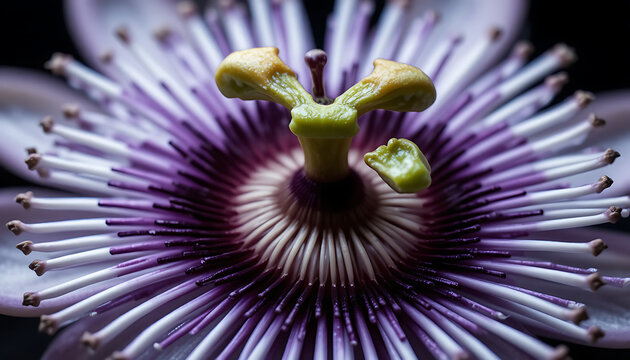 Exotic purple passion flower center macro detail