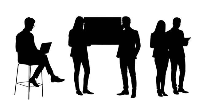 Silhouettes of business people standing and one sitting with laptop isolated on transparent background, Vector