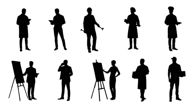 Black silhouettes of artists at work in studio isolated on transparent background, Vector