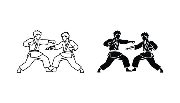 Two martial artists fighting in a dynamic pose vector illustration for sports or self-defense concepts in black and white