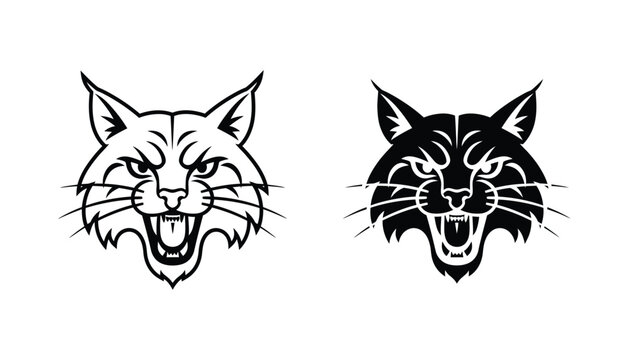 Fierce bobcat head mascot logo vector illustration with sharp teeth and whiskers in a bold black and white design style