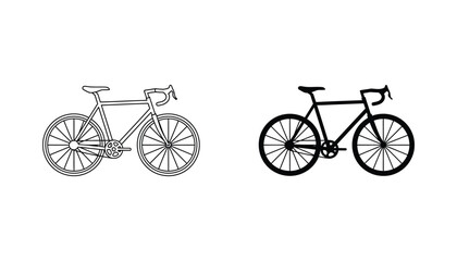 Road bike icon set featuring classic bicycle frame with wheels in outline and solid black vector graphic styles for cycling branding © Stellar