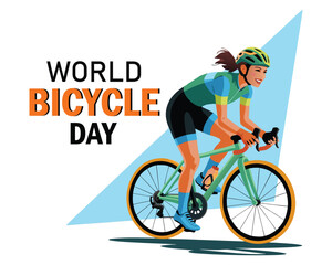 Naklejka premium Woman cyclist on modern bicycle with colorful sportswear and helmet, world bicycle day message, june 3 date, abstract city