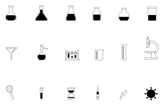 Conjunto de iconos de laboratorio, estudios y ciencia: frascos, microscopio, lupa, reloj de arena, bacteria, virus y vacuna. Ilustraci&oacute;n Vectorial en blanco y negro para sitio web, folleto y app.