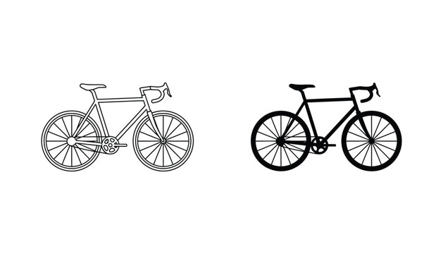 Road bike icon set featuring classic bicycle frame with wheels in outline and solid black vector graphic styles for cycling branding
