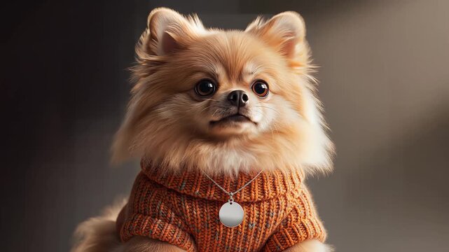 Cute fluffy Pomeranian dog wearing an orange knitted sweater looks at camera