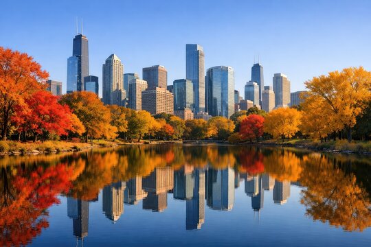 Chicago city skyline with tall skyscrapers reflecting in the calm water of a lake surrounded by trees with vibrant orange and yellow autumn leaves