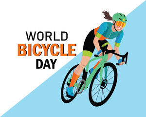 Naklejka premium Woman cyclist on modern bicycle with colorful sportswear and helmet, world bicycle day message, june 3 date, abstract city