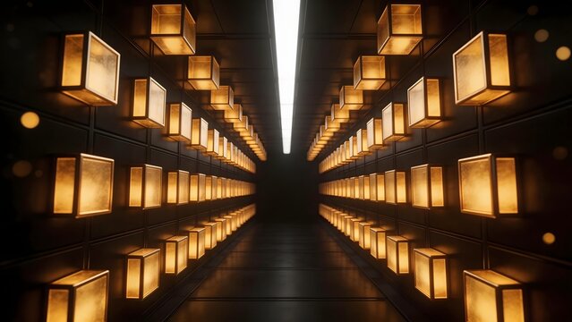 Long corridor with glowing light boxes