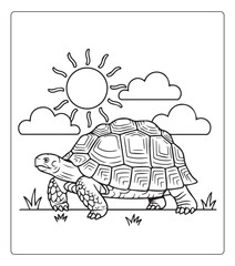 Fototapeta premium Cute animal turtle for kids educational coloring page design black illustration