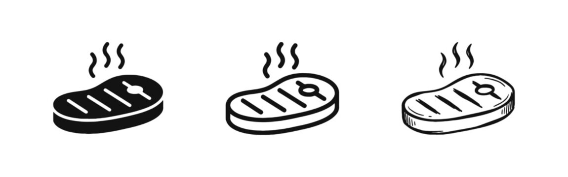 Grilled Beef Steak with Smoke Food Icon Set