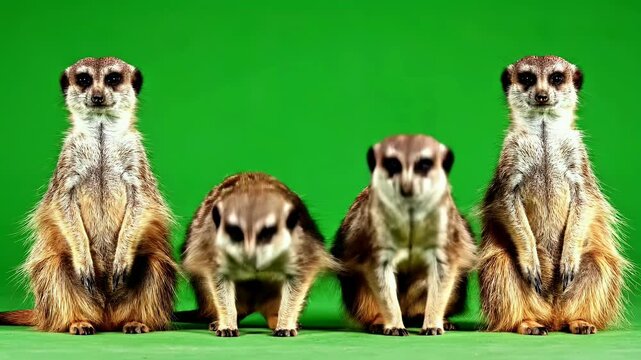 A group of four meerkats stand attentively against a vibrant green screen, showcasing their distinctive markings and alert postures.