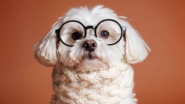 Cute white dog wearing round black glasses and a white knitted scarf looks at camera in a studio setting.