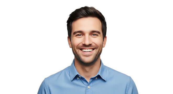 A handsome man in a blue shirt smiles genuinely at the camera.