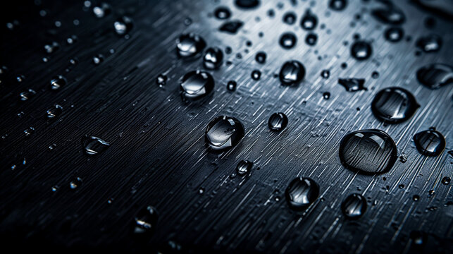Water droplets on dark metal surface, black brushed steel texture, industrial background, macro detail