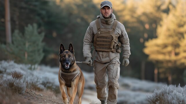 Military working dog and uniformed handler moving through woodland obstacle course at dawn, Belgian Malinois in tactical vest responding to hand signals, K9 unit training, service animal