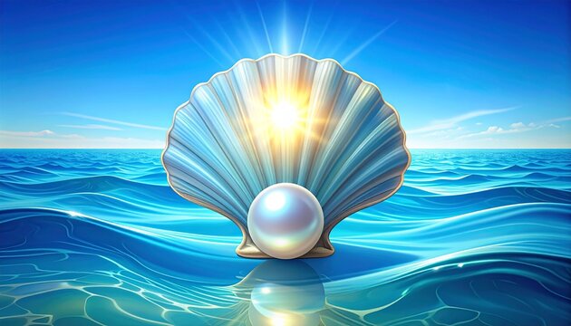 golden seashell with glowing pearl on ocean waves at sunrise