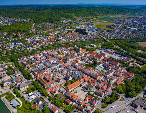 Aerial view of the city Kelheim in Germany, Bavaria on a sunny spring day