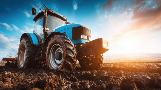 Blue Tractor Working on a Field During Sunset