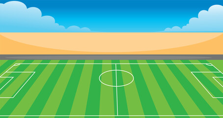 Bright Cartoon Soccer Field Background with Stadium and Blue Sky © Gayan
