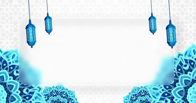 Islamic background motion seamless loop with glassmorphism style and clean copy space featuring blue lanterns and ornaments for elegant eid and ramadan video presentations.