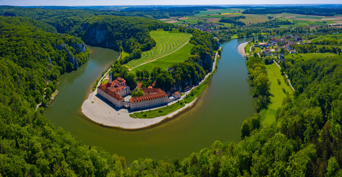 Aerial view of the city Weltenburg, 93309 Kelheim in Germany, Bavaria on a sunny spring day