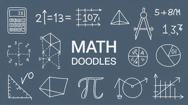 Math doodles and symbols hand-drawn educational elements for science and learning vector illustration on a dark background