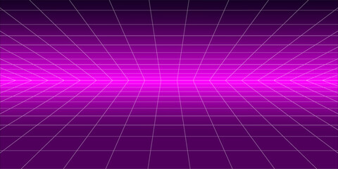 Retro futuristic grid background vanishing in distance. Bright neon pink glowing tile floor and ceiling fading in perspective. Lattice plane landscape wallpaper. Abstract horizontal surface. Vector © Bunga