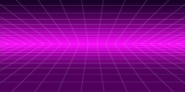 Retro futuristic grid background vanishing in distance. Bright neon pink glowing tile floor and ceiling fading in perspective. Lattice plane landscape wallpaper. Abstract horizontal surface. Vector