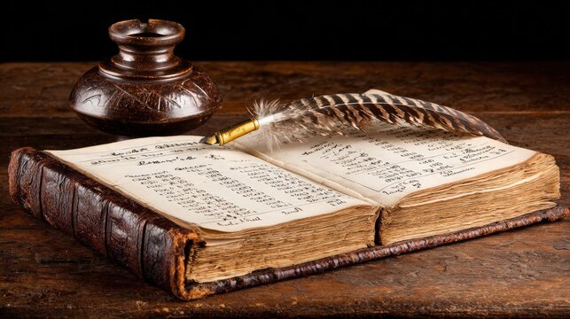Vintage Ledger with Feather Quill and Inkwell on Wooden Desk